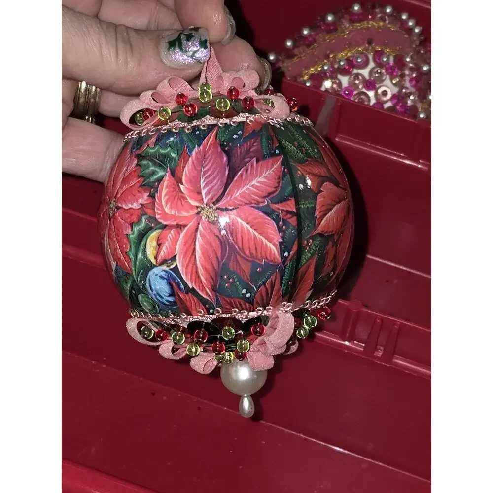 Vintage Large Sequin Beaded Ornament Season Greetings Colorful Pink